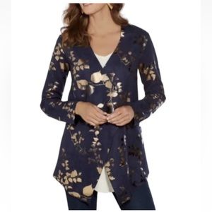 NWT Soft Surroundings Cardigan Jacket Top Blue Bronze Floral Leaf Size S
